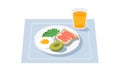 Healthy organic food vector illustration with salmon sandwich, fried egg avocado and glass of fresh orange juice Royalty Free Stock Photo