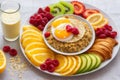 Healthy breakfast. Vibrant photo of table full of fresh fruit, oatmeal and healthy croissants. Balanced diet. Royalty Free Stock Photo