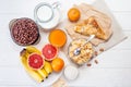 Healthy breakfast. bowl of cornflakes, fruit, fresh juice, milk Royalty Free Stock Photo