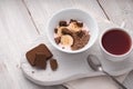 Healthy breakfast on the white wooden table top view Royalty Free Stock Photo