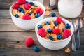 Healthy breakfast: whole grain cereal with raspberry and blueberry