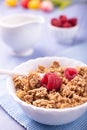 Healthy breakfast with wholemeal muesli, fruit and fresh milk