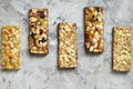 Healthy cereal granola bars with nuts and dry berries close up. Royalty Free Stock Photo