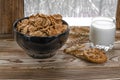 Healthy breakfast on window sill homemade granola with nuts Royalty Free Stock Photo