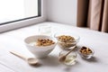 Healthy breakfast on window sill homemade granola with nuts Royalty Free Stock Photo