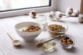 Healthy breakfast on window sill homemade granola with nuts Royalty Free Stock Photo