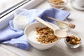 Healthy breakfast on window sill homemade granola with nuts Royalty Free Stock Photo