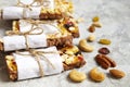 Healthy cereal granola bars with nuts and dry berries close up. Royalty Free Stock Photo