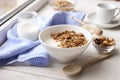 Healthy breakfast on window sill homemade granola with nuts Royalty Free Stock Photo