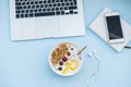 Healthy breakfast before working. Bowl of homemade Granola baked