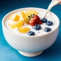 Healthy breakfast with yoghurt, berries and fruits on blue background Royalty Free Stock Photo