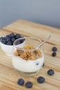 Healthy Breakfast: yogurt with blueberries and corn cereals Royalty Free Stock Photo