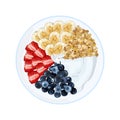 Healthy breakfast, yogurt with blueberries, strawberries, bananas and oat wheat. Royalty Free Stock Photo