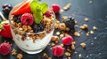 Healthy breakfast. Yogurt with granola and berries . Ai Generative Royalty Free Stock Photo