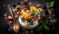 Healthy breakfast with yogurt, granola and berries on black background Royalty Free Stock Photo