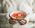 Healthy breakfast yogurt, granola, strawberry bowl in hands of woman Royalty Free Stock Photo