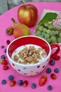 Healthy breakfast: yogurt with muesli and fresh fruit Royalty Free Stock Photo