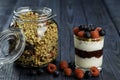 The healthy breakfast of yogurt with muesli, granola raspberry jam and fresh fruits raspberry and blueberry Royalty Free Stock Photo