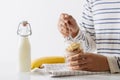 Healthy breakfast with yogurt, nut, banana and chia seeds. Bowl of fresh fruit Royalty Free Stock Photo