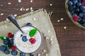 Healthy breakfast. Yogurt with oat flakes and berries in a glass