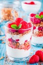 Healthy breakfast: yogurt parfait with granola and fresh raspberries Royalty Free Stock Photo