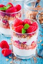 Healthy breakfast: yogurt parfait with granola and fresh raspberries Royalty Free Stock Photo