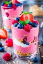 Healthy breakfast: yogurt parfait with granola and raspberry, blueberry and strawberry on wooden table Royalty Free Stock Photo