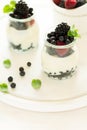 Healthy breakfast: yogurt with strawberry, blueberry and blackberry decorated mint leaves on white wooden table Royalty Free Stock Photo