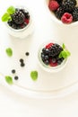 Healthy breakfast: yogurt with strawberry, blueberry and blackberry decorated mint leaves on white wooden table Royalty Free Stock Photo