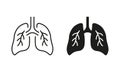 Healthy Bronchial Respiratory System Line and Silhouette Icons. Lung, Human Internal Organ Pictogram Set. Respiration