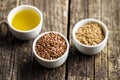 Healthy brown linseeds, minced linseed and oil. Royalty Free Stock Photo