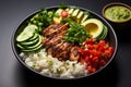 Healthy Buddha bowl grilled chicken, fresh veggies, and rice top