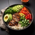 Healthy Buddha bowl grilled chicken, fresh veggies, and rice top