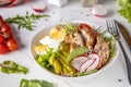 Healthy Buddha bowl lunch with baked chicken, quinoa, cherry tomatoes, radishes, eggs, pickles cucumber, microgreens and arugula Royalty Free Stock Photo