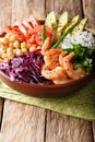 Healthy Buddha bowl with raw vegetables, shrimp, chickpeas, rice Royalty Free Stock Photo