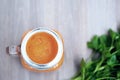 Healthy carrot smoothie in a jar on wooden background Royalty Free Stock Photo