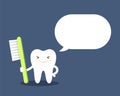 Healthy cartoon tooth with a toothbrush tells about the importance of oral hygiene. White tooth without caries. Flat Royalty Free Stock Photo