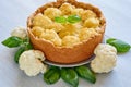 Healthy cauliflower pie on the gray plate decorated with fresh basil leaves. Vegetarian cauliflower tart on the gray background Royalty Free Stock Photo