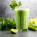 Healthy celery stem drink in a glass glass on a dark background. Generative Ai