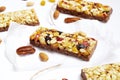 Healthy cereal bars on texture table, with copy space top view Royalty Free Stock Photo