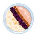 Healthy cereal breakfast food, granola in bowl top view, plate with milk oatmeal porridge