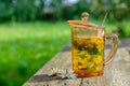 Healthy chamomile herbal tea cup, daisy medicinal flowers on wooden tableÃÅ½ Royalty Free Stock Photo