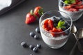 Healthy chia pudding in a glass with fresh berries. Healthy breakfast. Dark food photo food