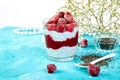 Healthy chia pudding with raspberries in glass Royalty Free Stock Photo