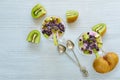 Healthy chia seeds pudding in two glasses with yogurt, fresh sliced kiwi fruit and frozen blueberries. Detox superfoods breakfast Royalty Free Stock Photo