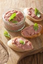 Healthy chicken liver pate with sage in jar and on bread Royalty Free Stock Photo