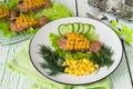 Healthy child food: rissole with corn as a goldfish Royalty Free Stock Photo