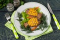 Healthy child food: rissole with corn as a goldfish Royalty Free Stock Photo