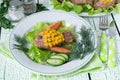 Healthy child food: rissole with corn as a goldfish Royalty Free Stock Photo
