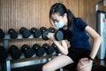 Healthy child girl exercise wearing protective face mask,protection, safety in public gyms,work out in new normal conditions under